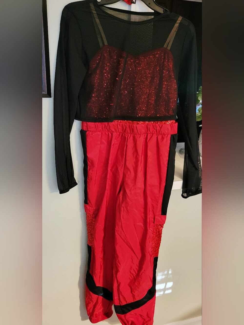 Red and Black Sequin Mesh Jumpsuit Hip Hop Costume